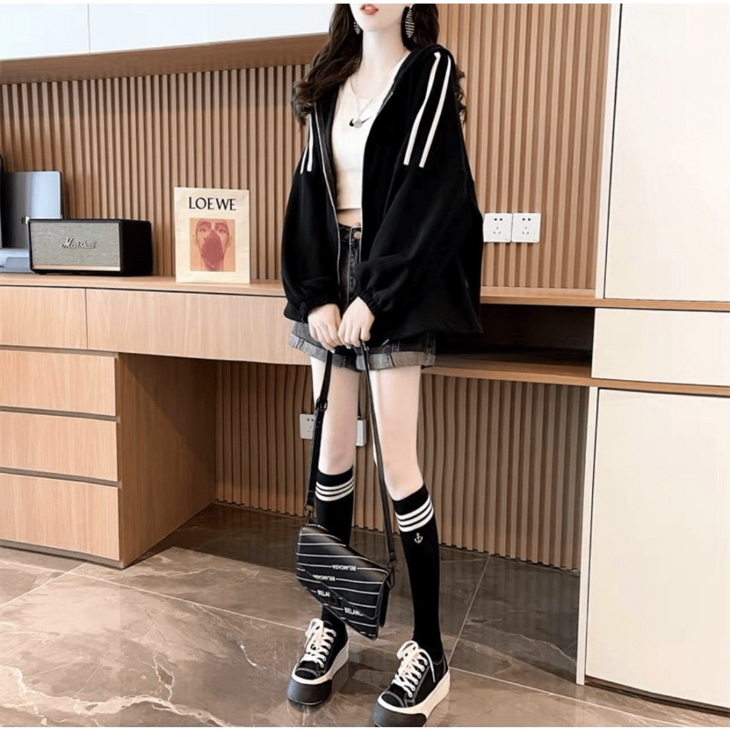 Áo Khoác Nỉ Nữ 3 Sọc Hoodie dáng rộng thể thao in Siêu Hot Ut [NewUnisex]