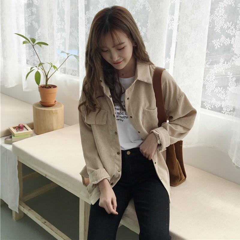 áo sơ mi ulzzang order áo khoác sơ mi nhung tăm cúc bấm dáng rộng hàn quốc KÈM ẢNH THẬT