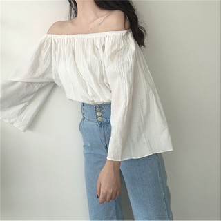 Áo sơ mi ulzzang sơ mi nữ đẹp sơ mi trắng áo kiểu dáng Hàn Quốc trễ vai bẹt vai hở vai