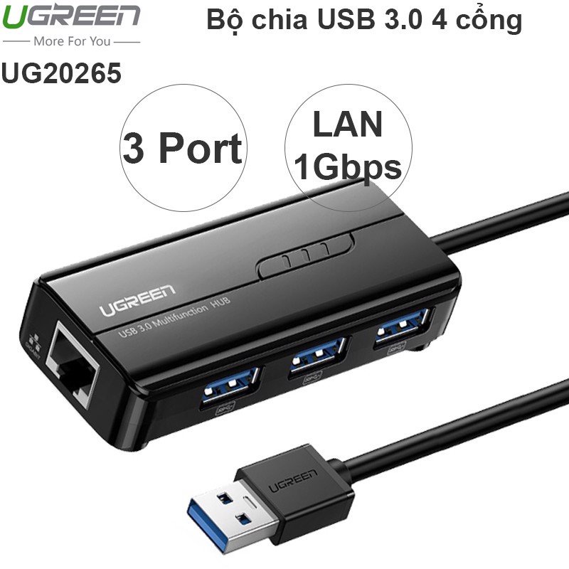 Bộ chuyển USB 3.0 to LAN Gigabit + 3 Hub USB 3.0 Ugreen 20265 CR103 Chính Hãng Cao Cấp