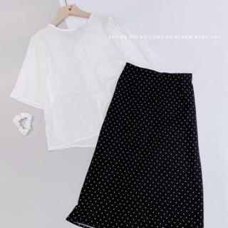 Sét áo trắng cột nơ lưng chân váy đen chấm bi tiểu thư ❤️