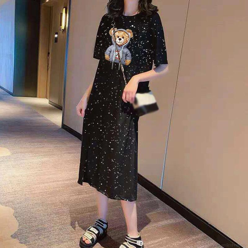 Korean Style Women Cartoon Print O-Neck Loose Casual T Shirt Dresses