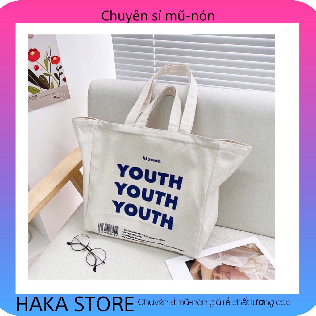 Túi tote túi vải canvas cỡ lớn Youth phong cách Hàn quốc có khóa miệng ngăn phụ bên trong thời trang ulzzang-Haka store