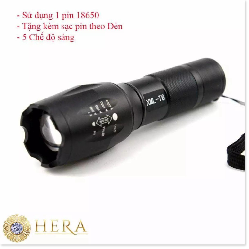 Đèn Pin Siêu Sáng - Đèn Pin chống nước 5 chế độ sáng Cao Cấp XML - T6 Zoom to nhỏ kèm Pin, đèn pin đi đêm đi rừng đa năn