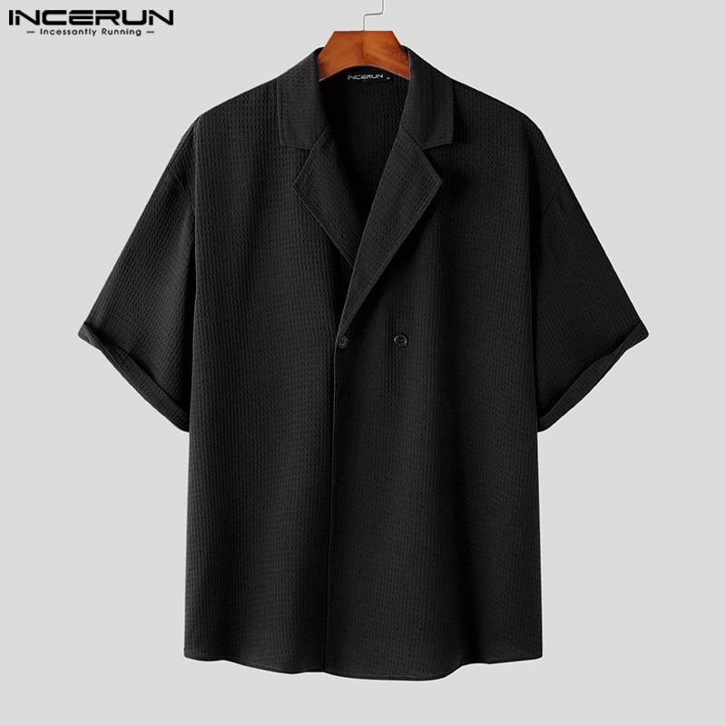 Áo sơ mi INCERUN ngắn tay dáng rộng phối nút phong cách hippie cho nam