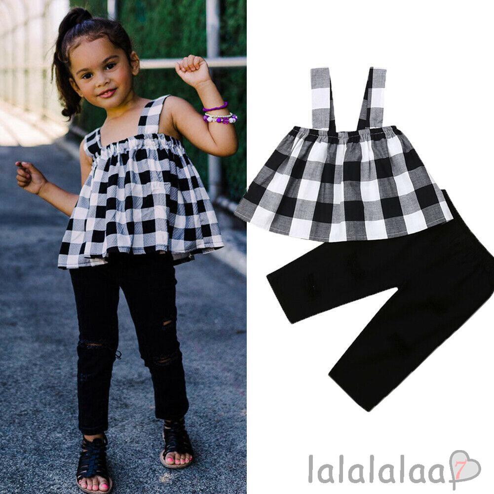 Set áo sơ mi caro + Quần jeans rách thời trang cho bé gái