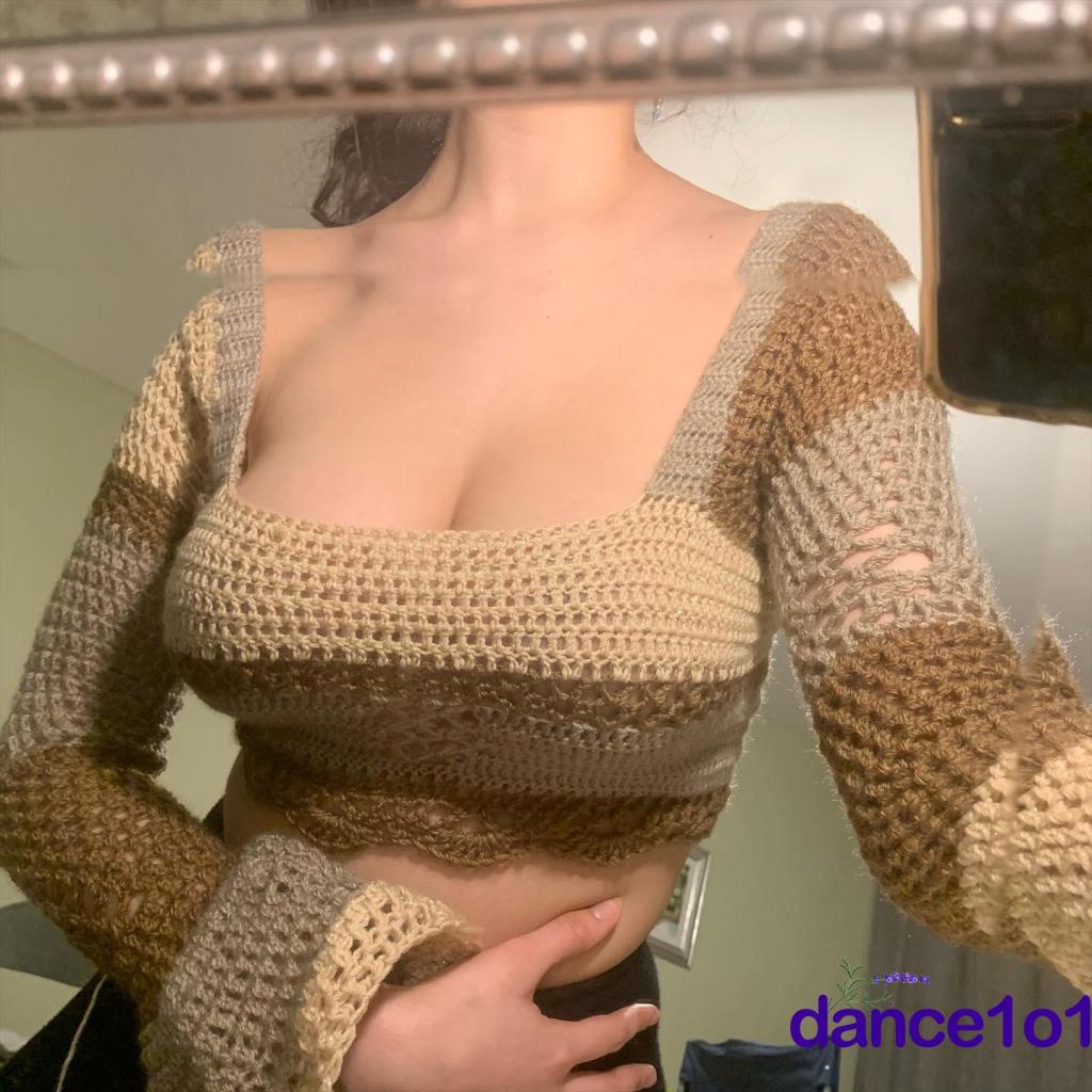 Áo Dệt Kim Tay Loe Dài Phong Cách Vintage Khiêu Vũ1O1-Y2K