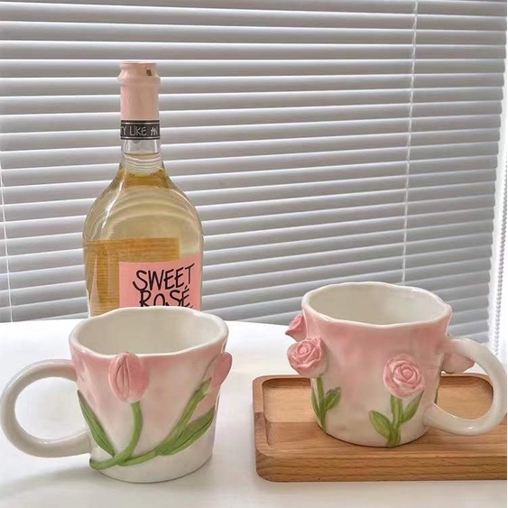 ❤Ly Sứ Uống Nước Họa Tiết Hoa Tulip Dập Nổi Ba Chiều
