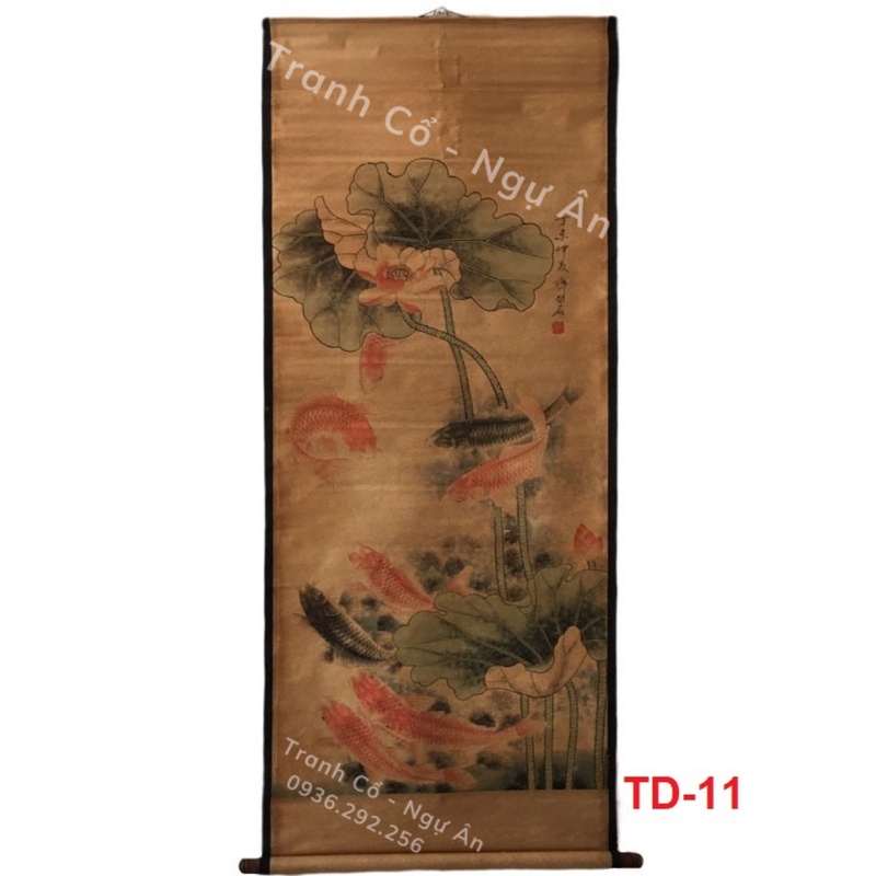 Tranh Cửu Ngư Quần Hội tranh cá chép tranh phong thủy rước tài lộc in họa cổ xưa 160x65cm giấy dầu tranh cổ Ngự Ân