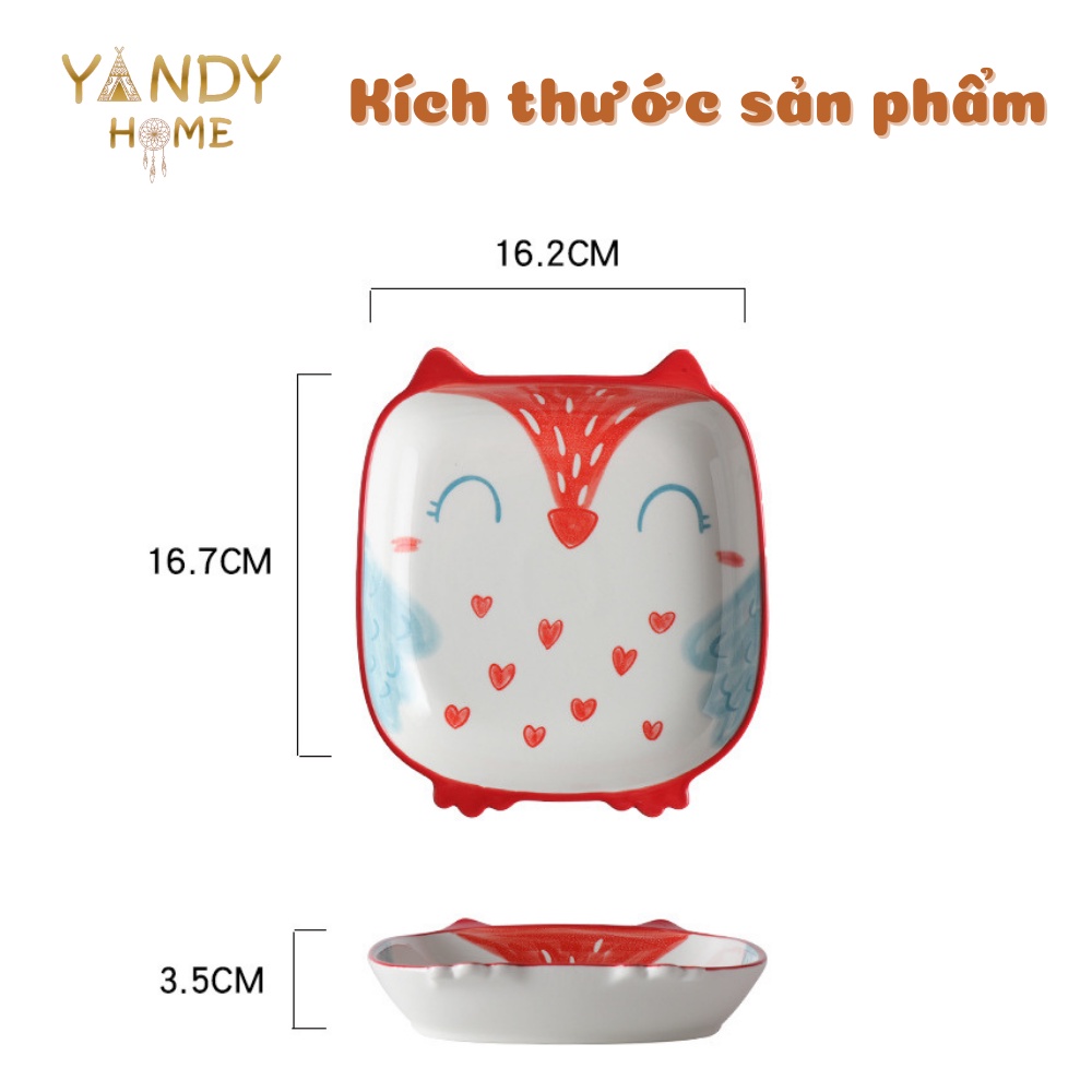 Đĩa sứ vuông cute YANDY HOME D06 hình cún mèo cú ngộ nghĩnh dễ thương