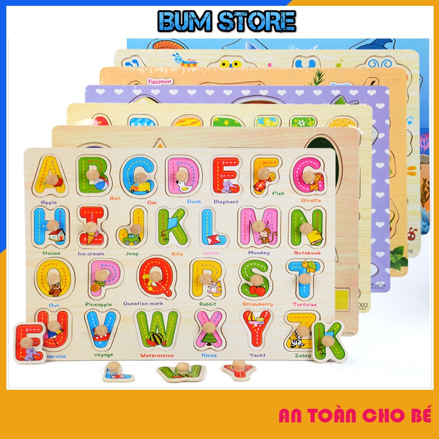 Bộ Đồ chơi giáo dục cho bé, Bảng chữ cái bằng gỗ có núm cầm, Bộ xếp hình gỗ có núm nhiều chủ đề