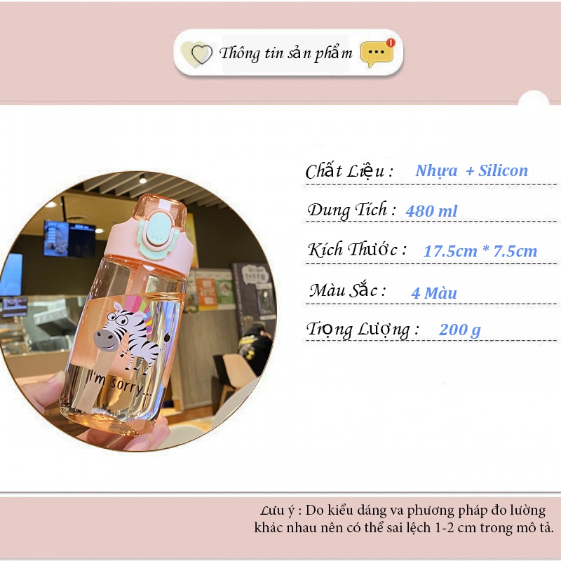 Bình nước Trẻ em Bình Nước đi học cho bé có ống hút nhỏ gọn có 4 màu dung tích 480ml B2