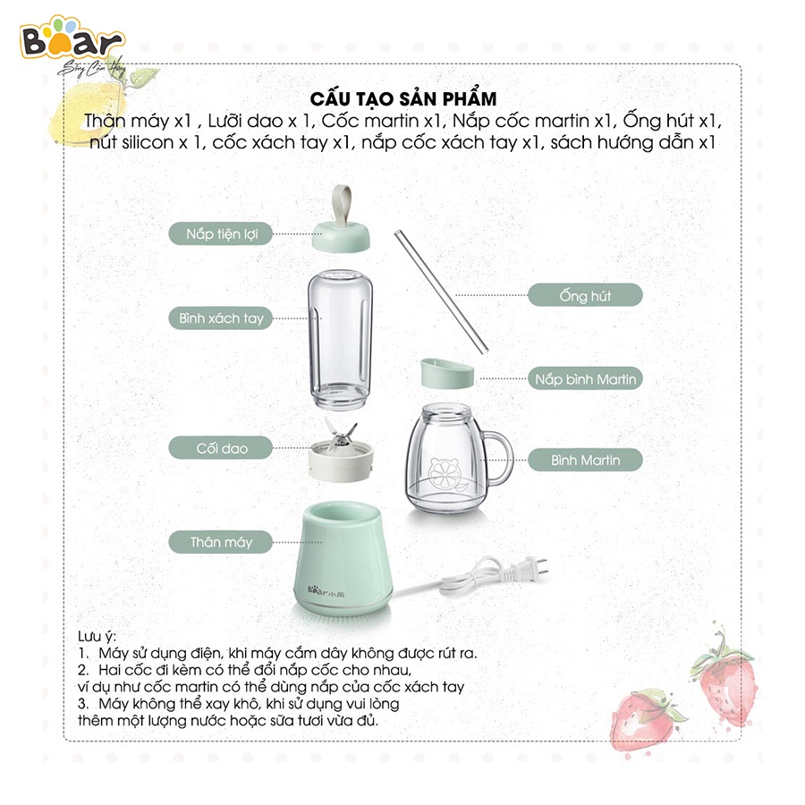 Máy Xay Sinh Tố Cầm Tay Bear, Xay Hoa Quả Công Suất Lớn, Chất Liệu An Toàn LLJ-D04A1