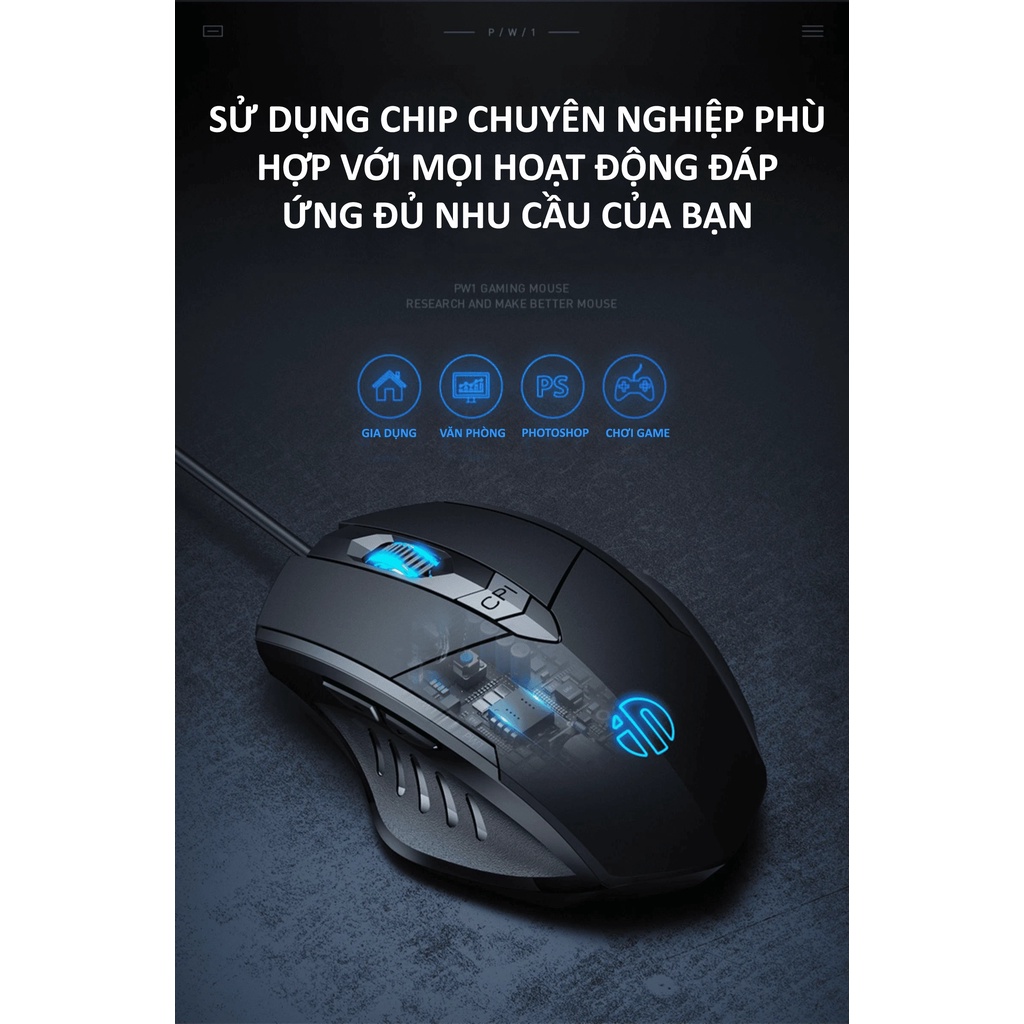 Chuột gaming máy tính có dây chống ồn silent click INPHIC PW1 đèn led 4 màu dành cho game thủ, văn phòng,... - NK