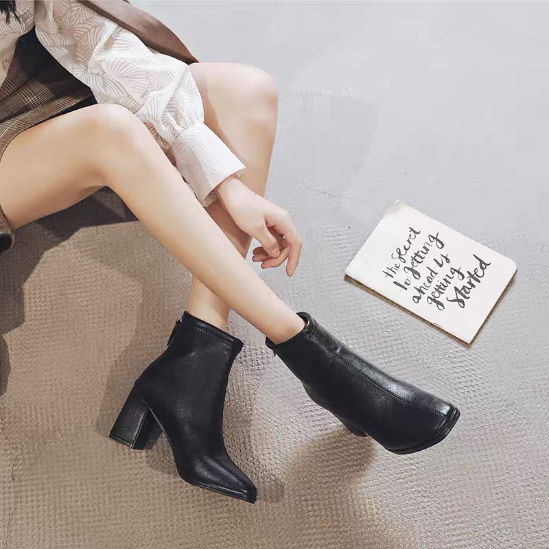 Giày bốt da mềm nữ cao cổ, Bốt nữ cổ lửng chất da có khoá sau, đế vuông lên dáng cực sang chảnh | BigBuy360 - bigbuy360.vn