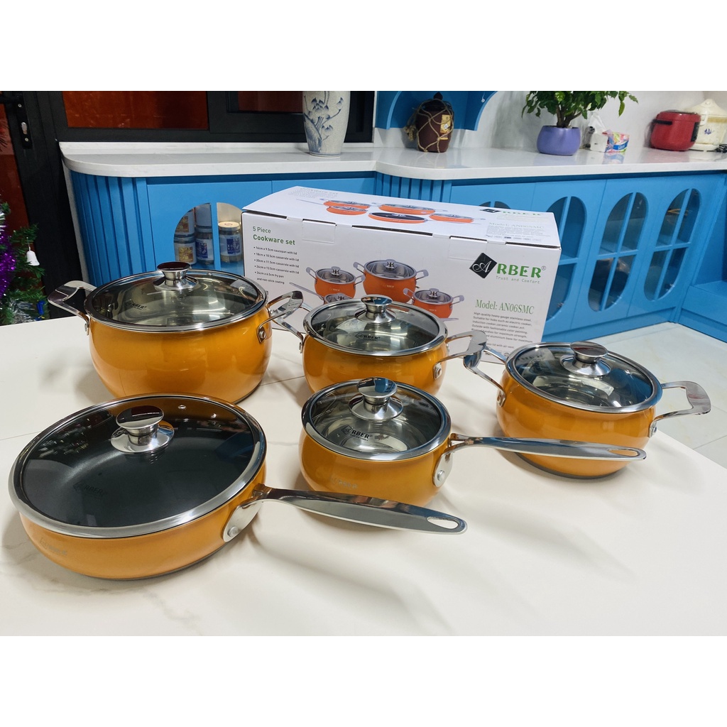 Bộ Nồi Chảo 5 Món Đáy Từ Arber AN06SMC Màu Cam