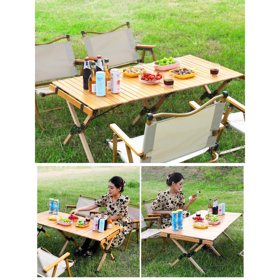 Bàn ghế nhôm gấp gọn dã ngoại camping giả vân gỗ siêu tiện lợi, bàn ghế picnic siêu tiện dụng, dụng cụ cắm trại D30QL