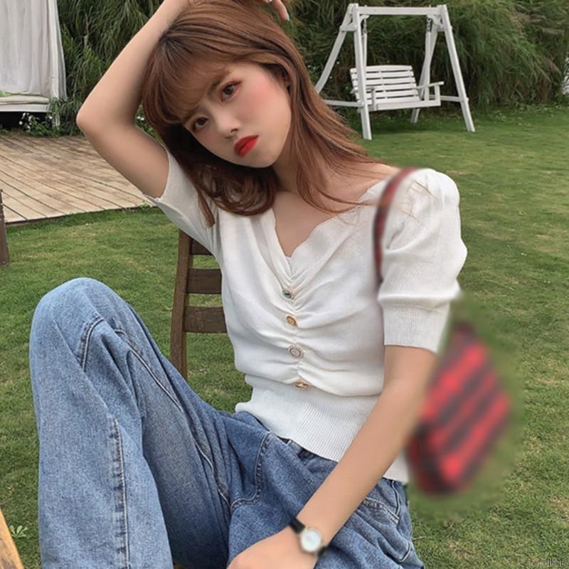 Áo Croptop Dệt Kim Tay Phồng Thiết Kế Cổ Chữ V Quyến Rũ