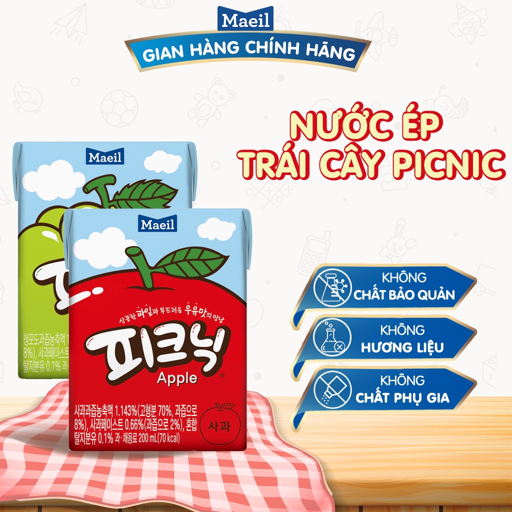 Combo 5 Nước Ép Trái Cây MAEIL Picnic Nhập Khẩu Hàn Quốc Chứa Nhiều Chất Xơ, Tăng Khả Năng Hấp Thụ Dinh Dưỡng 200ml