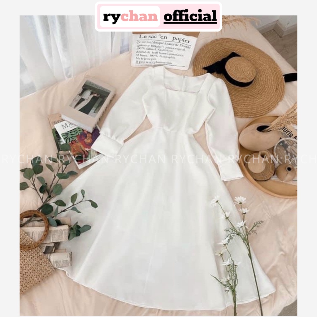 Đầm Xòe Midi Cổ Vuông Tay Dài Nút Bọc 3 Màu Trắng Đen Đỏ [Ảnh Thật Cuối] - DX0080