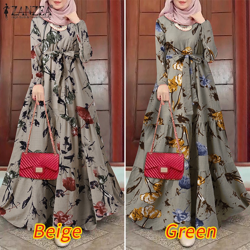 ZANZEA Đầm Maxi Tay Dài Cổ Tròn In Họa Tiết Hoa Phong Cách Vintage Dành Cho Nữ