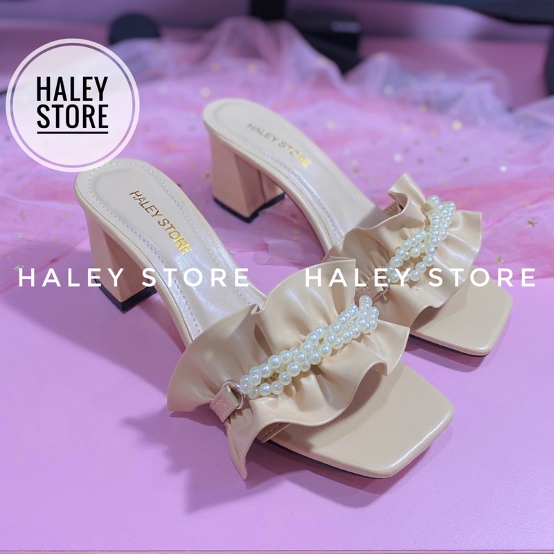 Guốc nữ 5p gót vuông trong suốt bèo nhún nhúm đính ngọc châu đi chơi đi tiệc đi du lịch HALEY STORE