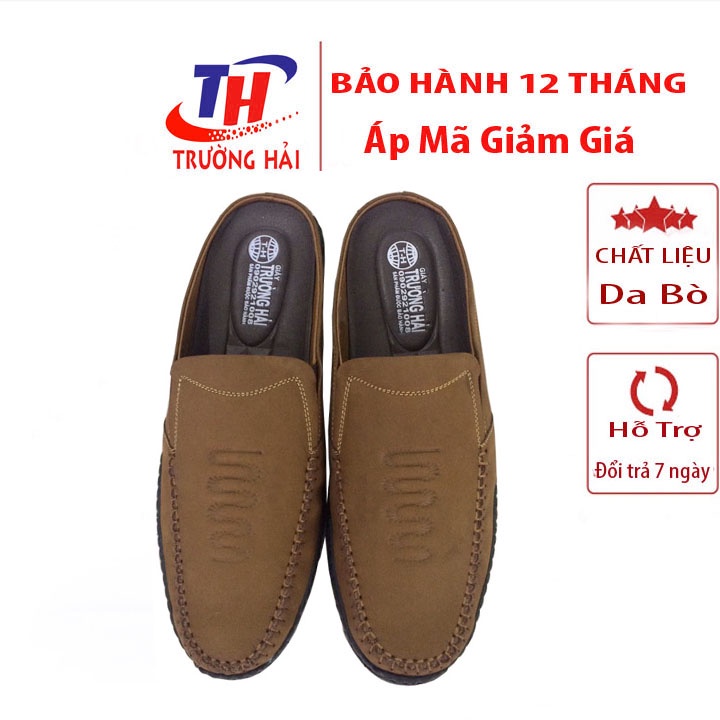 Sục nam da bò màu Nâu cao cấp Trường Hải đế cao su không trơn dép may đế chắc chắn BM 282