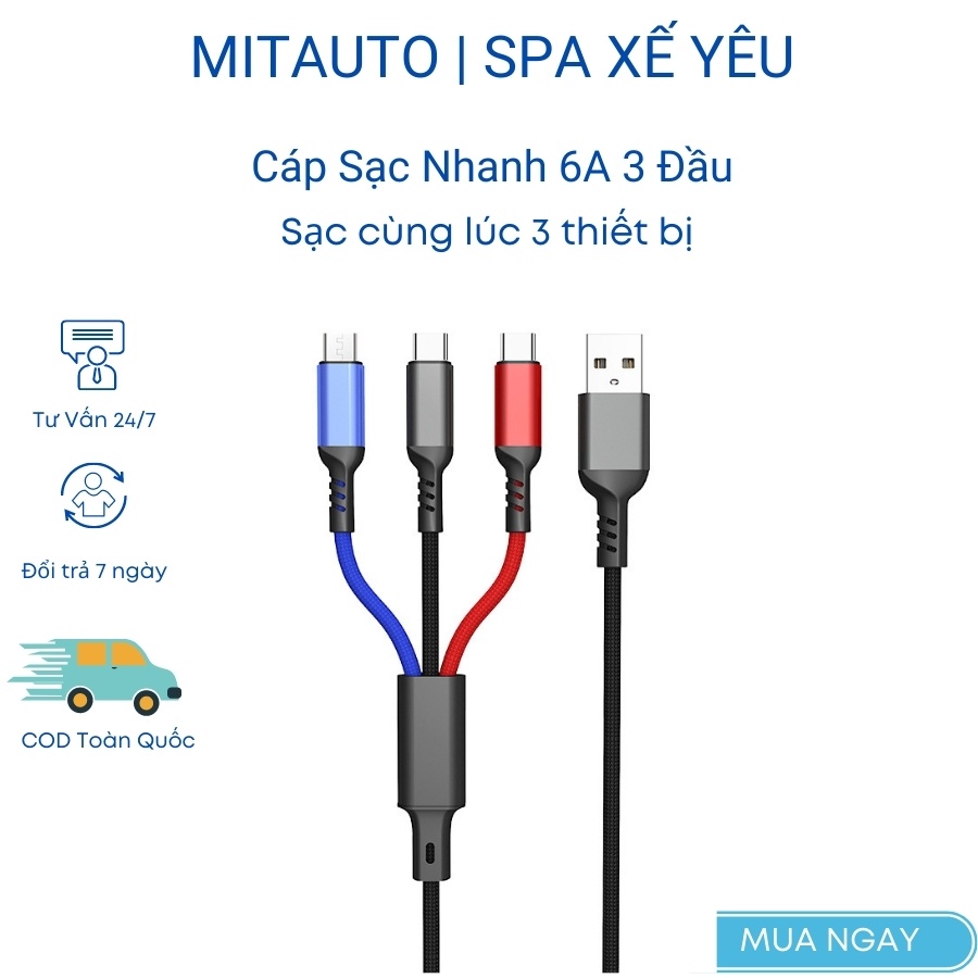 cáp sạc 3 đầu sạc nhanh iphone samsung micro usb sạc đa năng 3 trong 1