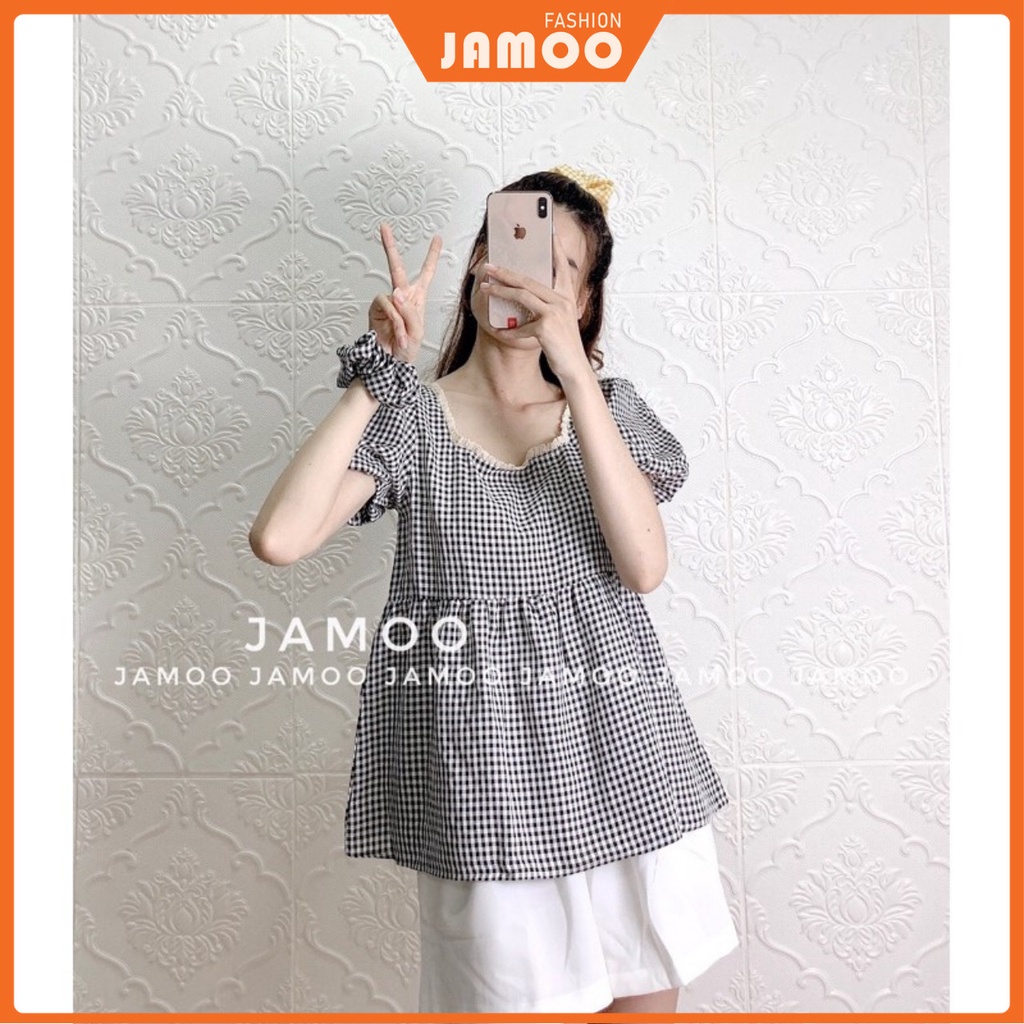 Áo babydoll cổ vuông kèm chun cột tóc- Áo sơ mi nữ ulzzang Jamoo( hàng sẵn/ video thật)