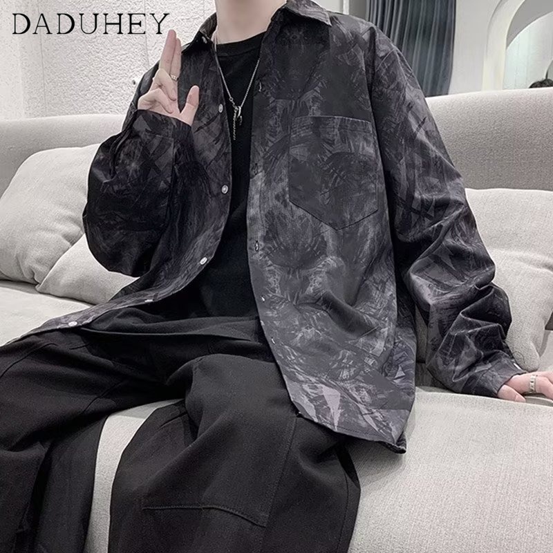 DaDuHey Men's Autumn Hong Kong Style Trendy Printed Long-Sleeved Shirt Trendy Fashion Loose Casual Top