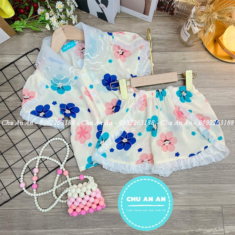 Set Pijama Lụa Mango Phối Cổ Ba Lá Hàng Thiết Kế Cao Cấp Tay Cộc .Bộ Ngủ Lụa Bé Gái Cao Cấp