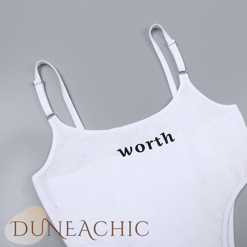 DUNEA Bộ Áo Liền Quần Hai Dây Hở Lưng In Chữ Cá Tính Cho Nữ