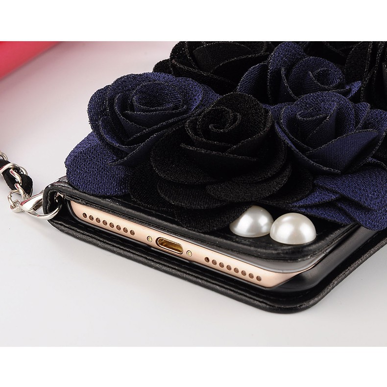 Bao da điện thoại Samsung galaxy Note 8 5 4 dạng ví trang trí hoa hồng cầm tay thời trang cho nữ