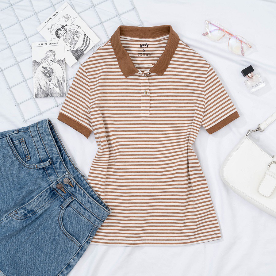 Áo polo nữ kẻ melange thương hiệu YODY dáng basic chất cotton - APN4172