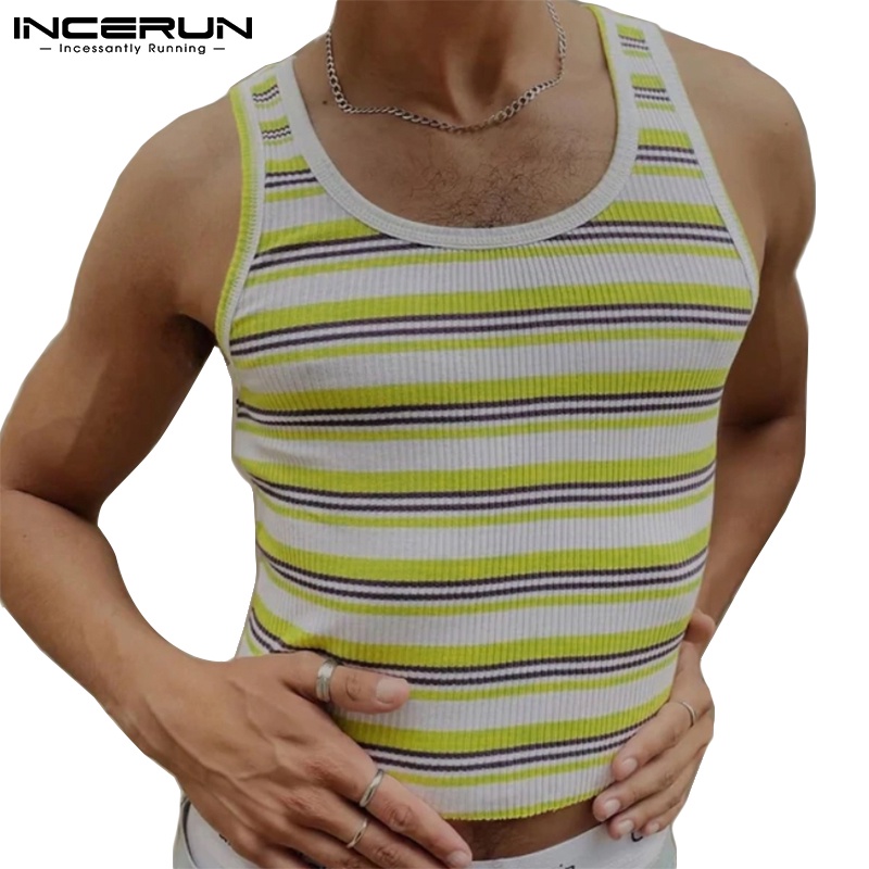 Áo thun ba lỗ INCERUN họa tiết kẻ sọc cổ tròn thời trang cho nam