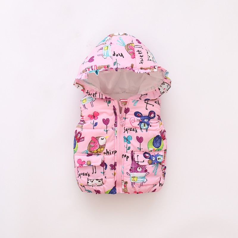 Áo khoác không tay có nón in họa tiết hoạt hình dễ thương thời trang mùa đông cho bé gái từ 6 tháng - 3 tuổi