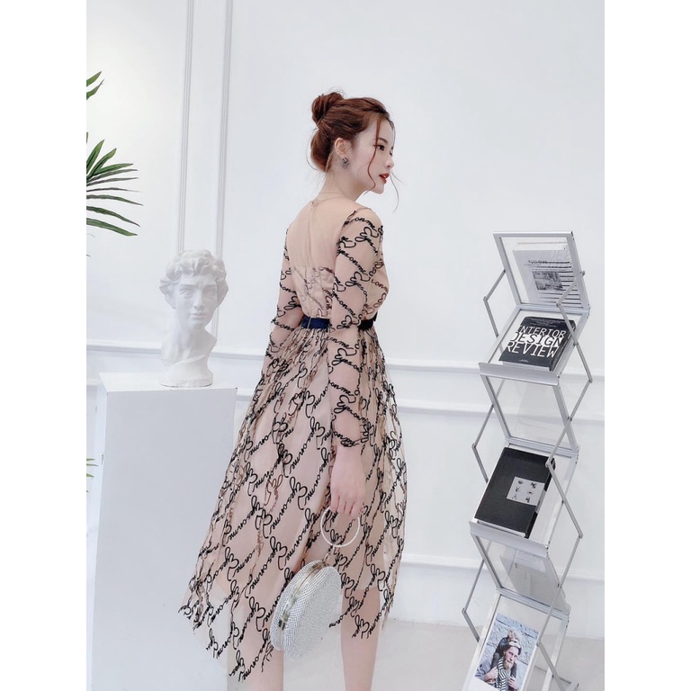 (FREE SHIP) ĐẦM LƯỚI TAY DÀI DÁNG XÒE DỰ TIỆC SANG CHẢNH HHP