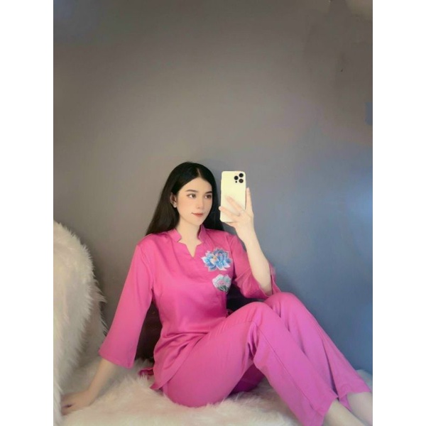 Sét Bộ Đồ Lam Đi Chùa - Đồ Lam Phật Tử thêu hoa sen cột dây eo Cao Cấp