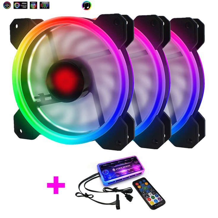 Bộ 3 Quạt Tản Nhiệt, Fan Case Coolmoon Ver 2 Led RGB Dual Ring - Kèm Bộ Hub Sync Main, Đổi Màu Theo Nhạc