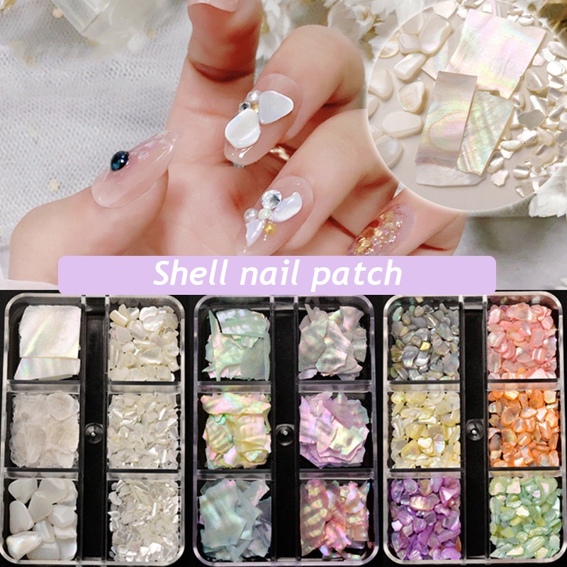 Hộp Đá Vỏ Sò 3D Nhiều Màu Sắc Dùng Trang Trí Móng Tay 6 Girds