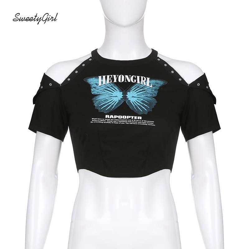 Áo Thun Tay Ngắn Cổ Tròn In Chữ Và Bướm Thời Trang 2022 Dành Cho Nữ