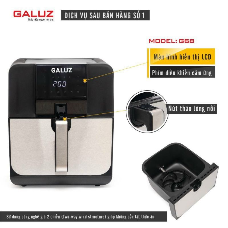 Nồi chiên không dầu inox Galuz Model G68 5.5 L ❤Bảo hành 18 tháng tặng kèm phụ kiện hoặc nồi cơm galuz GK01