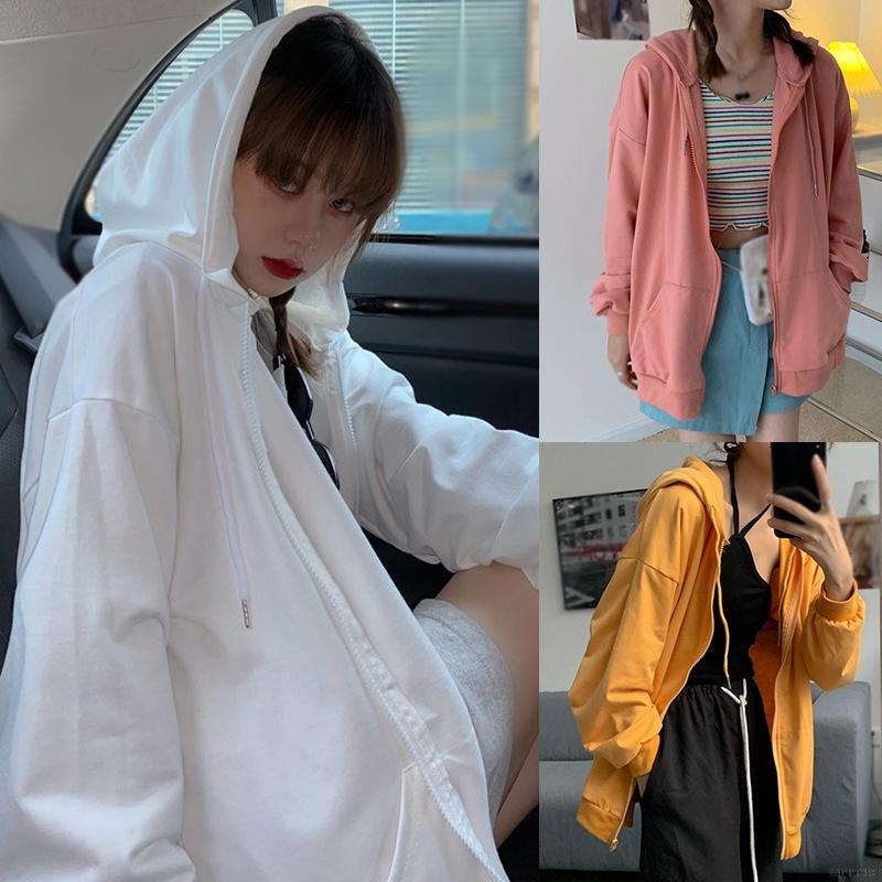 Áo khoác cardigan dáng rộng màu trơn có nón trùm phối khóa kéo thời trang Hàn Quốc cho nữ | BigBuy360 - bigbuy360.vn