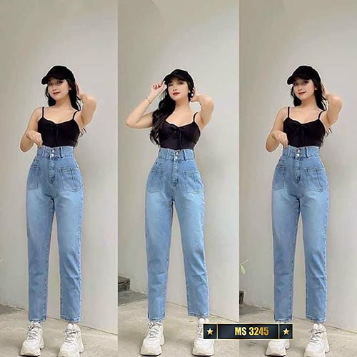 Quần baggy jean lưng cao ống suông chất cotton dày mềm ít co giãn