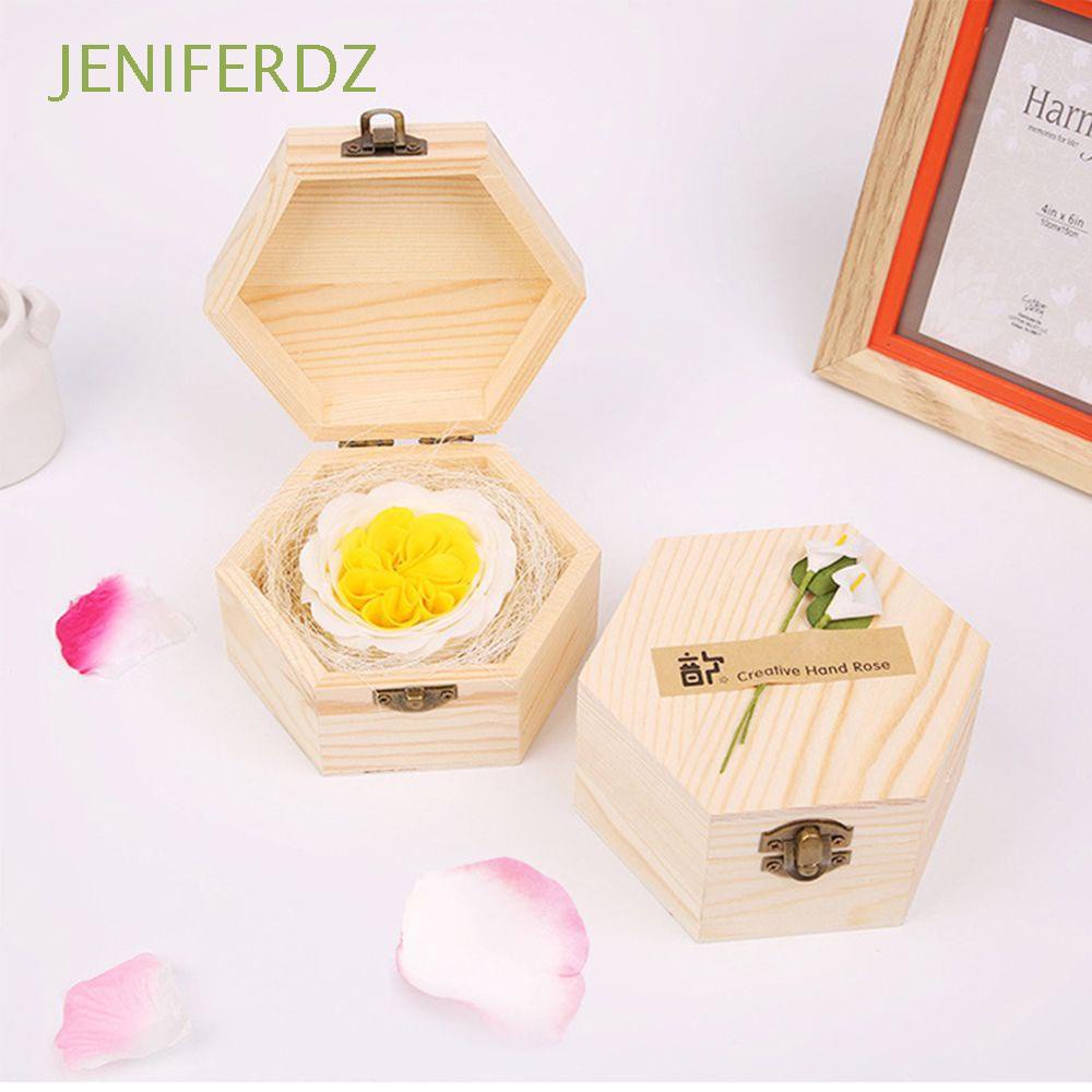 JENIFERDZ 1PC Decor Wooden Gift Box Holder DIY Crafts Portable Makeup Organizer Jewelry Hexagonal Shaped Storage Box Earring Ring