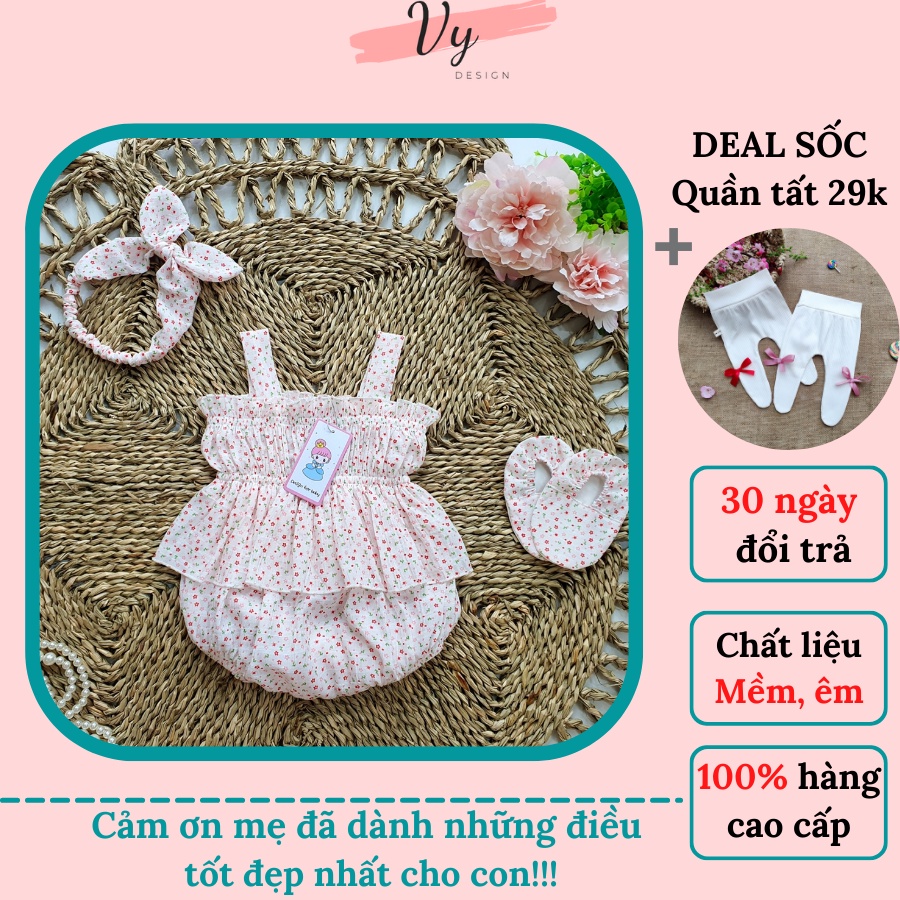 Body Váy Cho Bé Sơ Sinh VY DESIGN. Body Bé Gái Thiết Kế Hoa Nhí Tặng Kèm Băng Đô, Chất Mát. Body Công Chúa Đầm Đầy Tháng