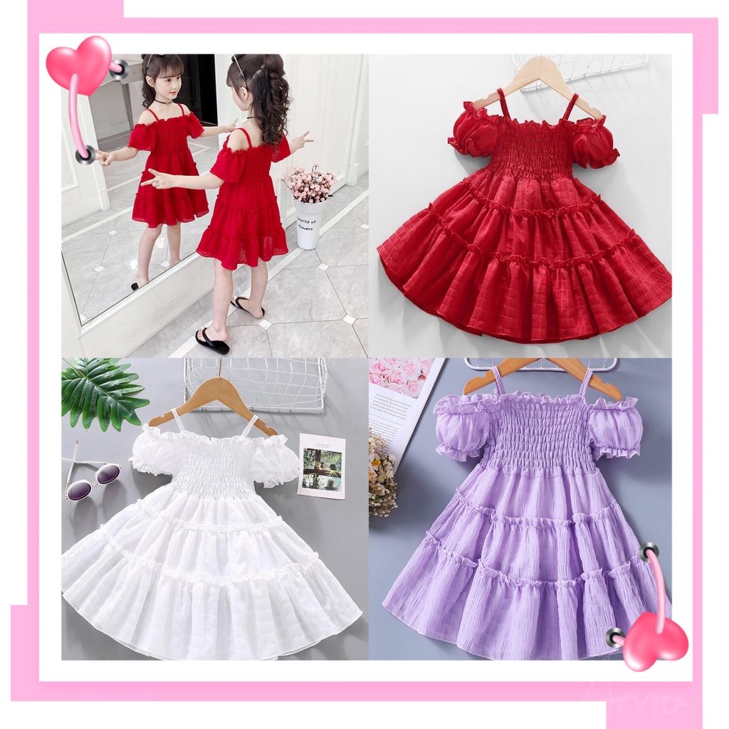 Đầm Dự Tiệc Trễ Vai Tay Phồng Màu Tím Trơn Dễ Thương Chất Lượng Cao Cho Bé Gái