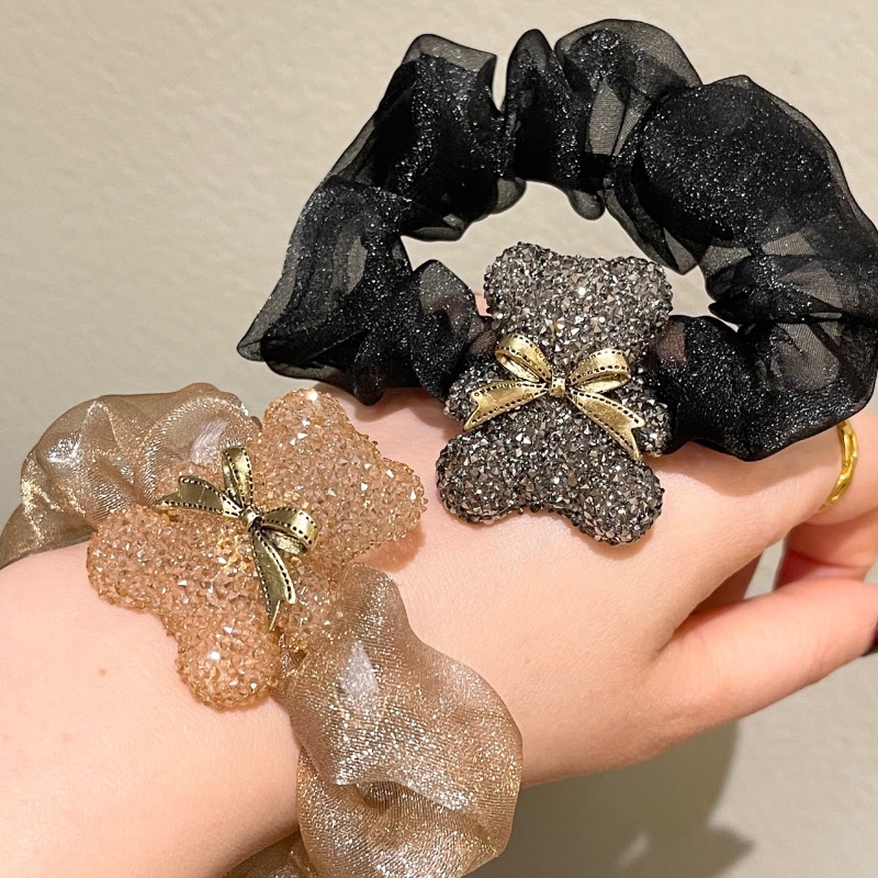 Ahellogirl Dây Buộc Tóc Co Giãn Hình Gấu Đính Đá Lưới Hàn Quốc Cho Nữ