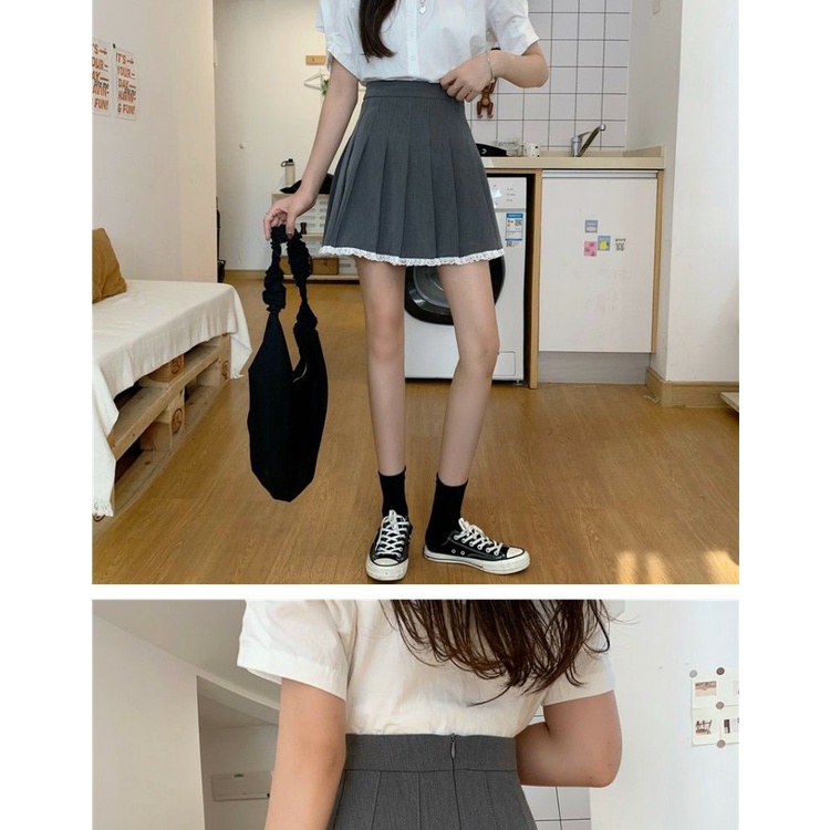 Chân váy xếp ly lưng cao phối ren phong cách retro thời trang mùa hè cho nữ