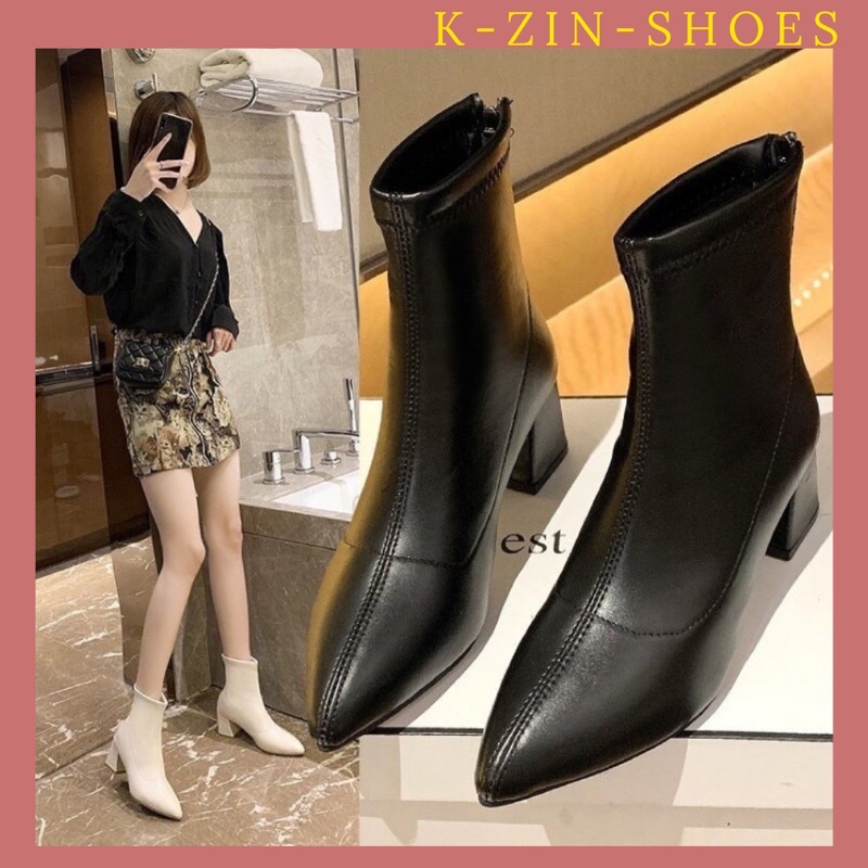 Bốt nữ lửng cổ, gót cao 6 phân mũi nhọn có khoá kéo sau gót